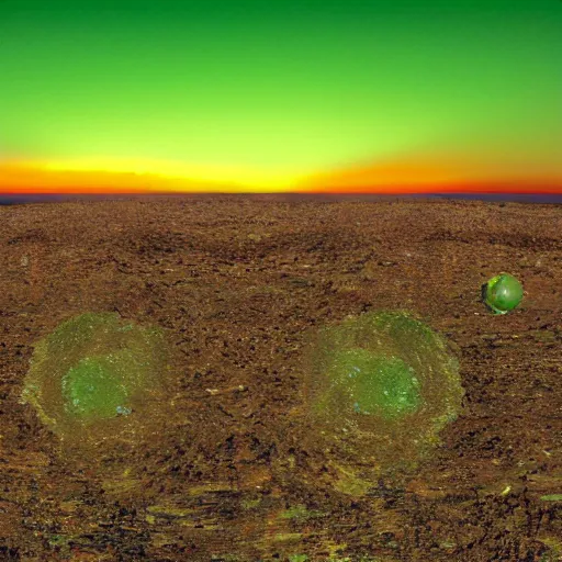 Prompt: a green sunset on the surface of an alien planet that orbits two stars