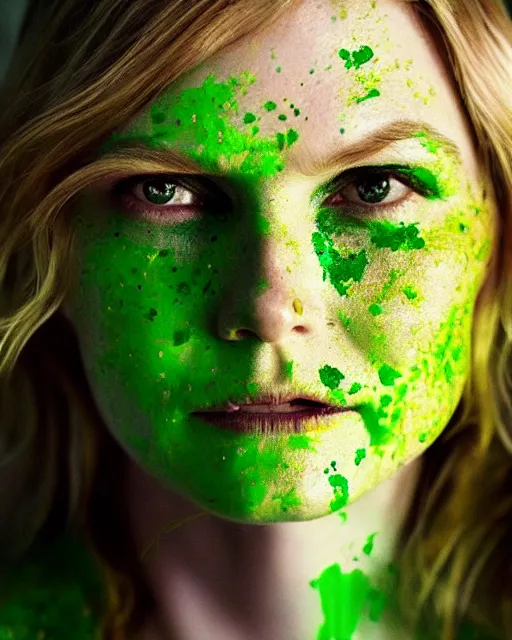 Prompt: photorealistic portrait headshot photos of kirsten dunst with bright green paint splattered across her face. photoshoot in the style of annie leibovitz, photorealistic, bokeh