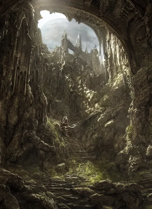 Image similar to a medieval adventurer in lord of the rings scenery landscape, inside an enormous overgrown cathedral made of stone dragons, portal to another dimension in the sky, highly detailed, cinematic lighting, perfect composition, 4 k, gustave dore, derek zabrocki, greg rutkowski, belsinski, octane render