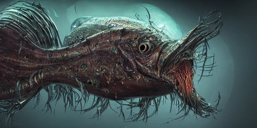 Prompt: angler fish, stylized layered textures, long flowing fins, bioluminescent orbs, 3 d render, substance painter, glowing eye, intricate, highly detailed, lifelike, smooth, sharp focus, art by h r giger