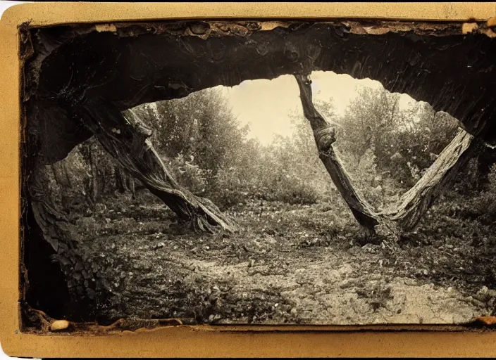 Image similar to old wetplate daguerreotype landscape with huge black sinkholes, dubbel negative exposure, explosion of data fragments, fractal, intricate, elegant, highly detailed, parallax, leica, medium format, subsurface scattering, by jheronimus bosch and greg rutkowski and louis jacques mande daguerre