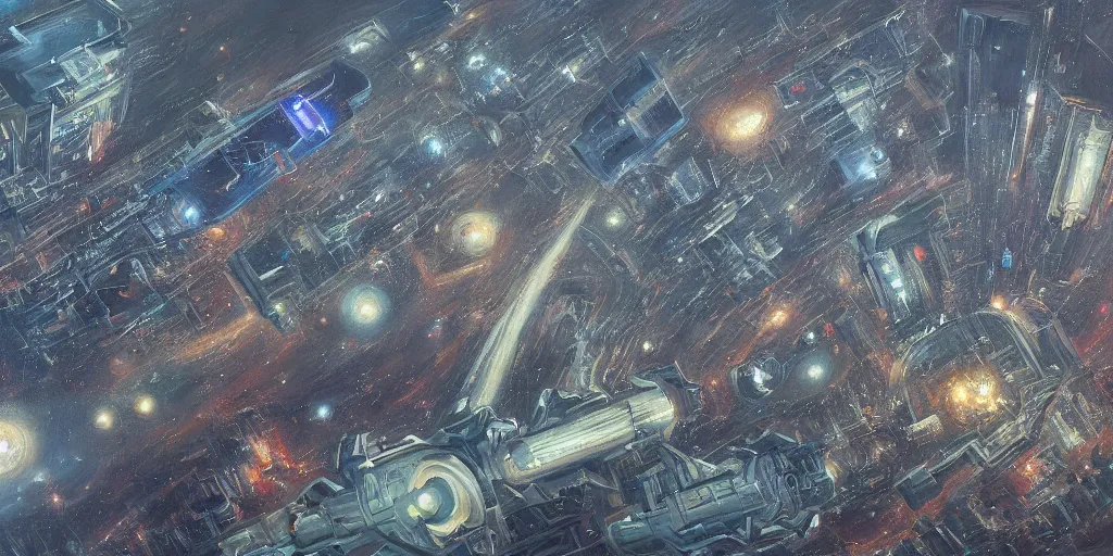 Image similar to a painting of low earth orbit busy space city by chase stone and paul chadeisson. ultra clear detailed, 4 k