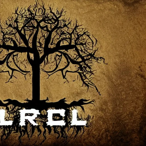 Prompt: black metal band logo, unreadable text, metal font, looks like a tree silhouette, complex, horizontal