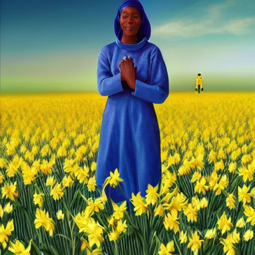 Image similar to a digital painting high resolution hypereealistic of a nubian woman wearing an astronaut standing in an open field of yellow daffodils