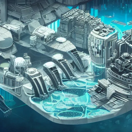 Prompt: an underwater futuristic city, orthographic, illustrated, spotlights, highly detailed