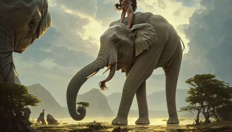 Image similar to a hybrid robot elephant on socotra island, artgerm and greg rutkowski and alphonse mucha, an epic fantasy, volumetric light, detailed, trending on art station, octane render, midsommar