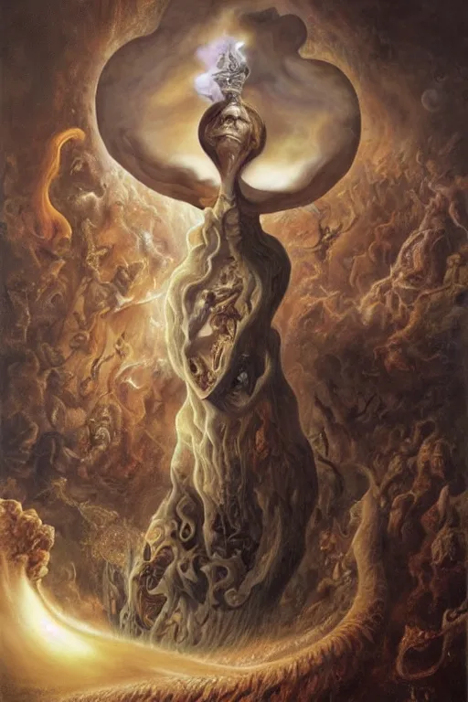 Image similar to Intricate stunning highly detailed Salvador Dali depicted as HammerFall’s lead vocalist, digital painting by agostino arrivabene and Vladimir Kush, surreal, ultra realistic, Horror vacui, dramatic lighting, full moon, thick black swirling smoke tornado, burning fire embers, artstation