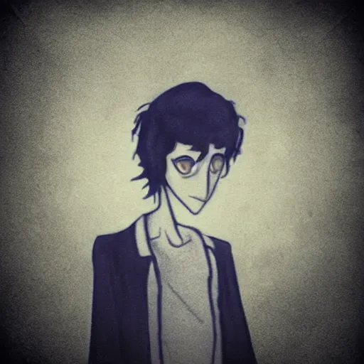 Image similar to young man portrait, black hair, skinny, sleep deprived, corpse bride art style