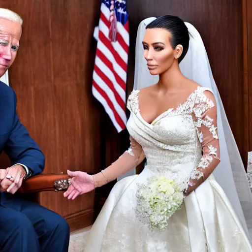 Image similar to professional photograph of Joe Biden and Kim Kardashian getting married, highly detailed, highly intricate, 8k,