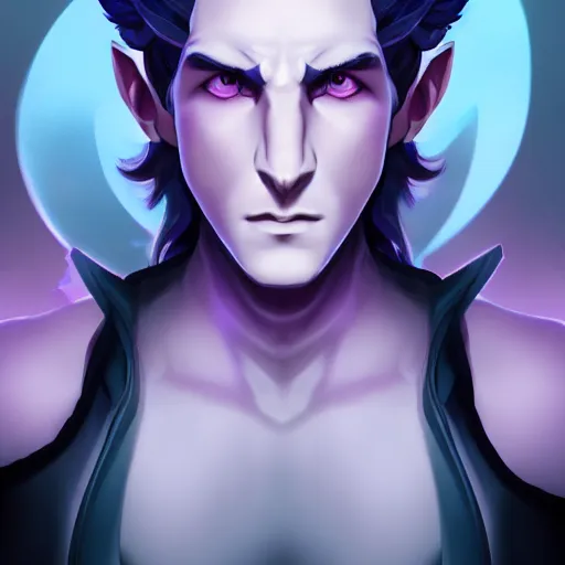 Image similar to a portrait of tiefling bard, light purple skin, bright blue eyes, black hair, black horns pointed upward, ocean in the background, stunning digital art 4 k