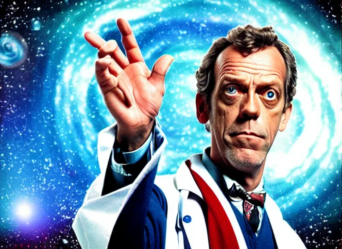 Image similar to product photo still of vhs cover of hugh laurie as doctor who in front of a nebula through the open door of the tardis printed on a vhs box on a table