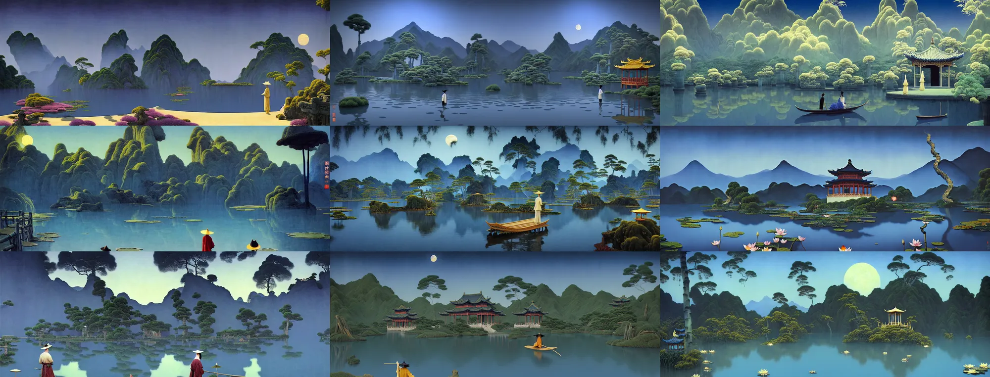 Image similar to a gorgeous landscape painting by barlowe wayne maxfield parrish and marco mazzoni. chinese temple. drak blue night sky. just one winter moon!! just one lonely chinese wuxia with bamboo hat walks on the winding steps. blooming lotus lake!! ultra clear detailed. 3 d, octane render. turbulent blood lake.