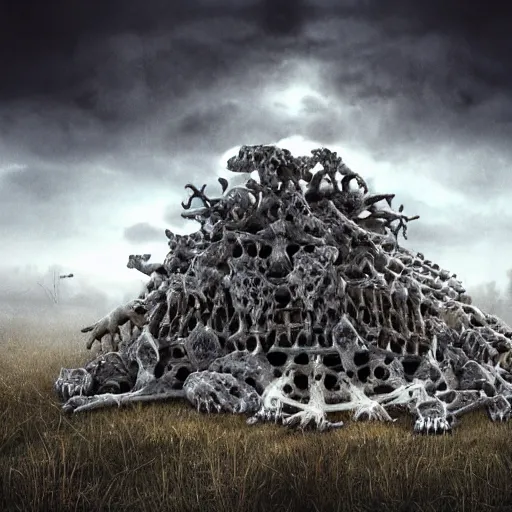 Image similar to A realistic detailed photo of a pile of bones, big skulls, covered sky, piles of bones in the background, skeletons, fog, foggy landscape, light particles, detailed light, realistic shaders, trending on artisation, detailed textures, detailed, realistic.