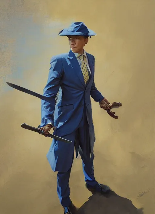 Image similar to greg manchess portrait painting of a blond man in a blue suit with a sword and a pistol, asymmetrical, profile picture, organic painting, sunny day, matte painting, bold shapes, hard edges, street art, trending on artstation, by huang guangjian, gil elvgren, ruan jia, randy vargas, greg rutkowski