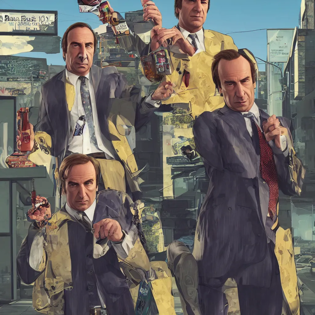 Prompt: Saul Goodman in GTA V, cover art by Stephen Bliss