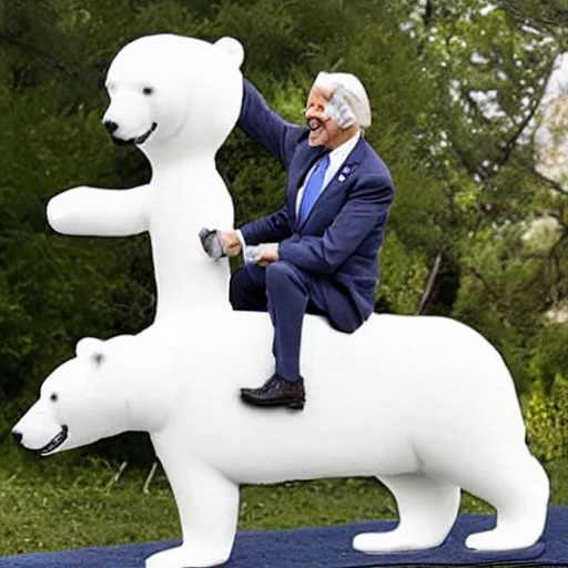 Image similar to biden riding a polar bear, metal sculpture