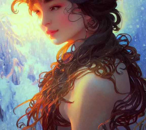 Image similar to beautiful ancient! frost witch, fire in eye, snow glow, pool party, highly detailed, digital painting, artstation, sharp focus, illustration, art by tan zi and ayanamikodon and alphonse mucha and wlop