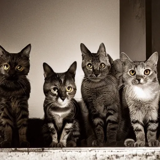 Prompt: photo of a group of stray cats watching television in a dark alley, studio lighting moonlit