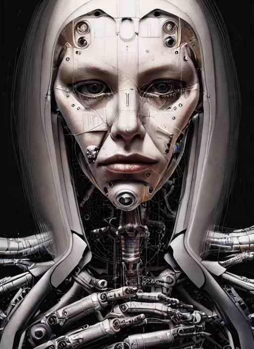 Image similar to a young beautiful female cyborg profile face, by h. r. giger, by ismail inceoglu, by kiki smith, glamor shot, vintage, closeup, f / 2. 8, low contrast, 1 6 k, rim lighting, cinematic lighting, insanely detailed and intricate, hypermaximalist, elegant, ornate, hyper realistic, super detailed