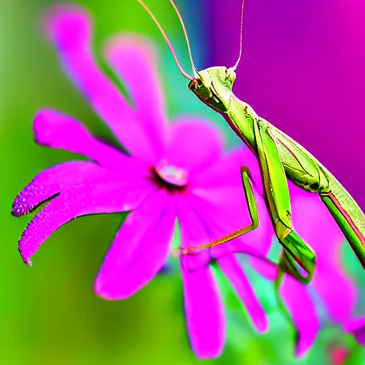 Image similar to macro praying mantis, detailed, floral, dreamy, colorful