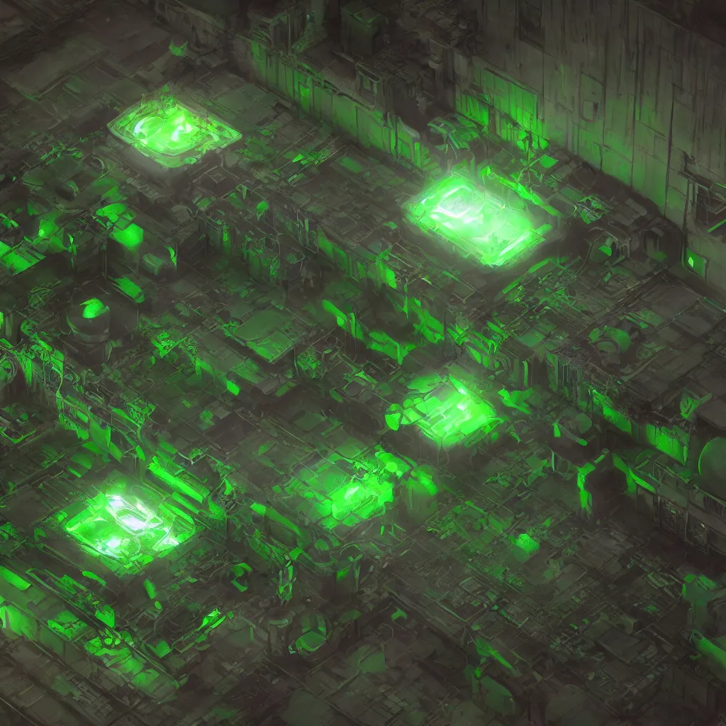 Prompt: secret under ground base with a green glowing uranium tank, concept art, digital art, octane render, xray melting colors