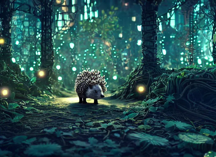 Prompt: intricate hedgehog with leds instead of needles, on the background of a weird magical mechanical forest. Very detailed 8k. Fantasy cyberpunk horror. Sharp. Cinematic post-processing. Unreal engine. Nanite. Ray tracing. Parallax. Tessellation