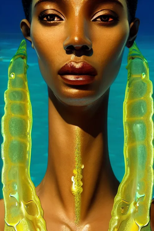 Image similar to hyperrealistic precisionist cinematic underwater scene with fish and algae, very expressive! translucent elegant african goddess, full body, gold jewerly, highly detailed face, digital art masterpiece, aykut aydogdu zener, dramatic volumetric light, long shot, low angle uhd 8 k, sharp focus