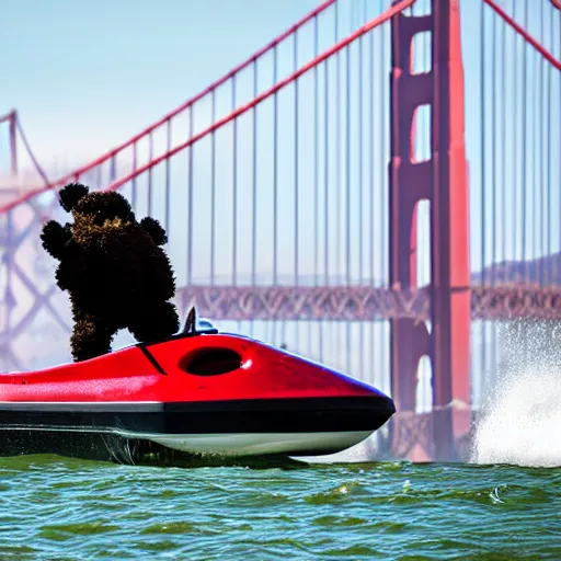 Prompt: A teddy bear wearing a motorcycle helmet and cape is driving a speed boat near the Golden Gate Bridge dslr photo. - n 9