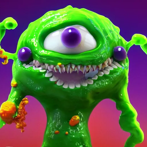 Prompt: fun and kind happy slime monster made of Mucus, snot, pus, hair, ighly detailed, 3d, octane render, bright colors, digital painting, trending on artstation, sharp focus