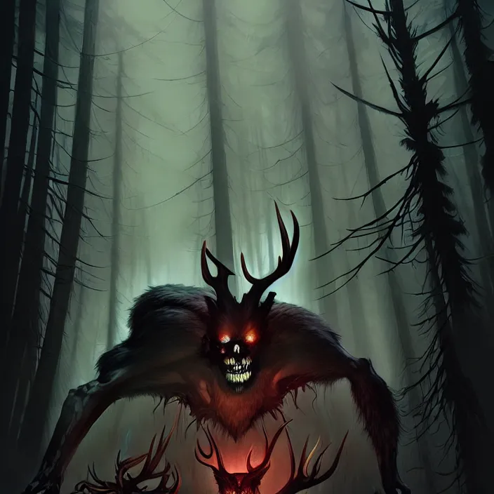 Image similar to style artgerm, joshua middleton, jesper ejsing, scary wendigo with antlers and skull face mixed with werewolf, in the forest, detailed, dark and foggy, cinematic lighting