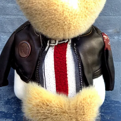 Prompt: a bald eagle wearing a leather jacket as a plush toy