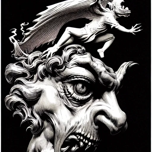 Prompt: portrait soft light, by bernie wrightson and joe fenton, inspired by gothic victorian gargoyle, etching, fine, sharp high detail, duotone screen print,