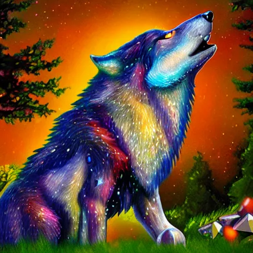 Image similar to a wolf made out of gems howling at full moon