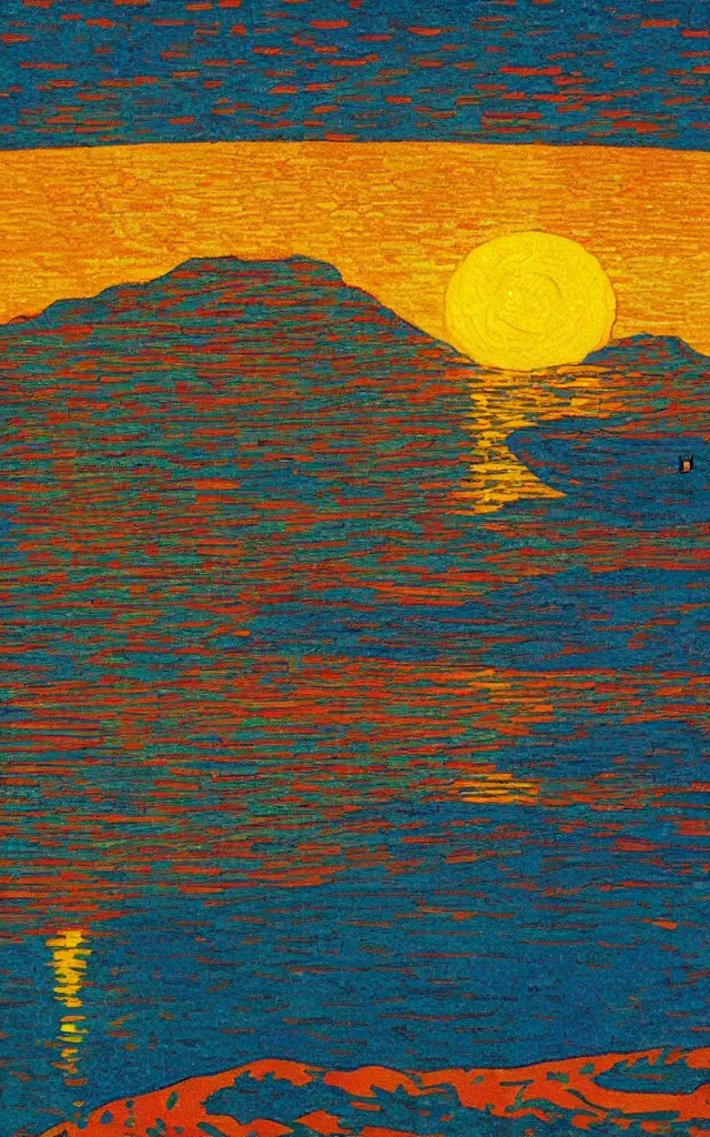 Image similar to sunset on a lake by a mountain. cubes and tesseracts. retro art by jean giraud and van gogh.