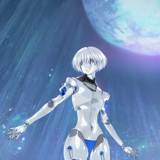 Image similar to Rei Ayanami female anime character, technological big shiny silver liquid chrome rings, inside an otherworldly planet, shot from the ground by Yoshiyuki Sadamoto, otherworldly experimental environment concept, digital art, trending on artstation, low level, 4K UHD image, octane render, Howl's Moving Castle, tranquil divine observer Nymph by ismail inceoglu nicola samori dragan bibin hans thoma greg rutkowski Alexandros Pyromallis Nekro, Jeffrey Smith, Surrealism, Rene Margitte illustrated, official anime key media, 8k, Sharp, zdzisław beksiński, highly detailed