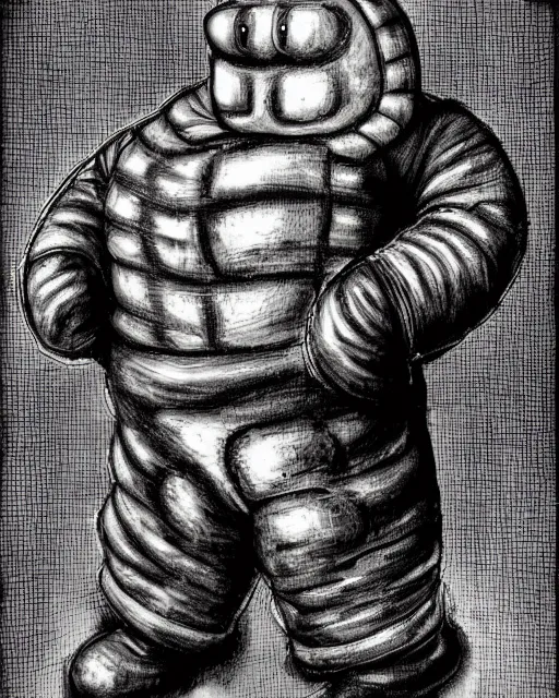 Image similar to hdr monochrome portrait of the michelin man being arrested, intricate, accurate facial details, volumetric lighting