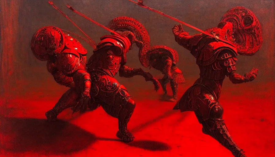 Image similar to only with red, an armored gladiator in a crowded roman amphitheatre, crowd cheering, in the style of beksinski and edward hopper and rodcenko and yue minjun and rolf armstrong, intricate and epic composition, red by caravaggio, highly detailed, masterpiece, red light, artstation