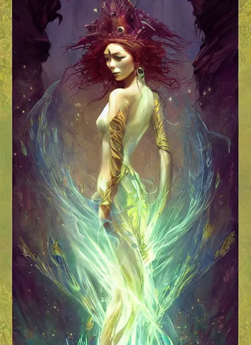 Prompt: tarot!!, fairy queen, fantasy medieval, no noise, elegant, concept art, sharp focus, beautiful face!!, digital art, smooth defined outlines!!, by Brom!!!!!, Guangjian Huang, trending on Artstation, Tom Bagshaw, Sargent