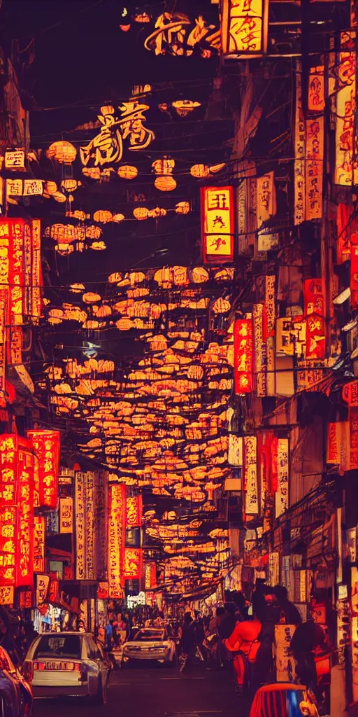 Image similar to winding asian street under moonlight, neon signs, cars, people, chinese lanterns, Canon A1