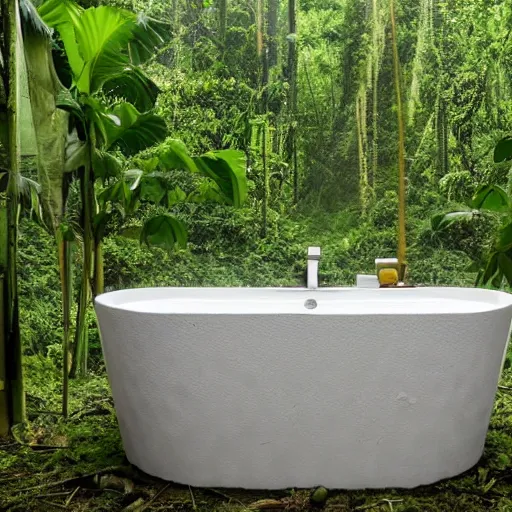 Image similar to pristine bath filled with bubbles in a clearfelled jungle, slash and burn