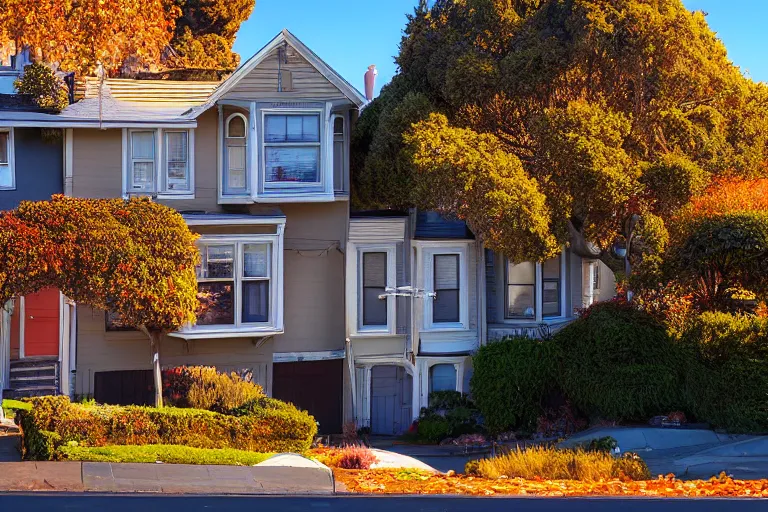 Prompt: typical San Francisco houses, award winning photograph, high exposure, golden hour, 15-30mm, panorama, autumn, car lights, photorealistic, 70s cars, 70s filter, shadows