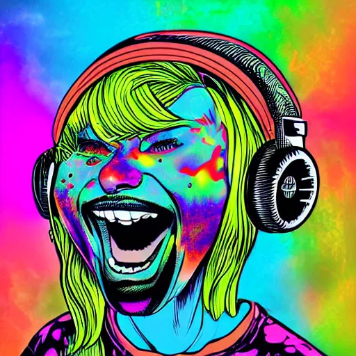 Prompt: artgerm, psychedelic laughing turtle, rocking out, headphones dj rave, digital artwork, r. crumb, svg vector