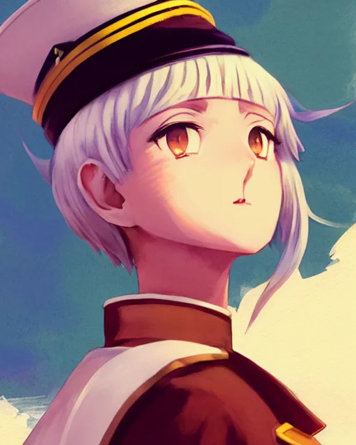 Image similar to a longshot 3 / 4 view portrait of a feminine anime boy with white hair wearing soviet sailor outfit and a sailor hat, digital painting, pixiv, artstation, art by artgerm ilya kuvshinov makoto shinkai and ( valentin bernardsky ), watercolor, sharp focus, cute, kawaii, high quality