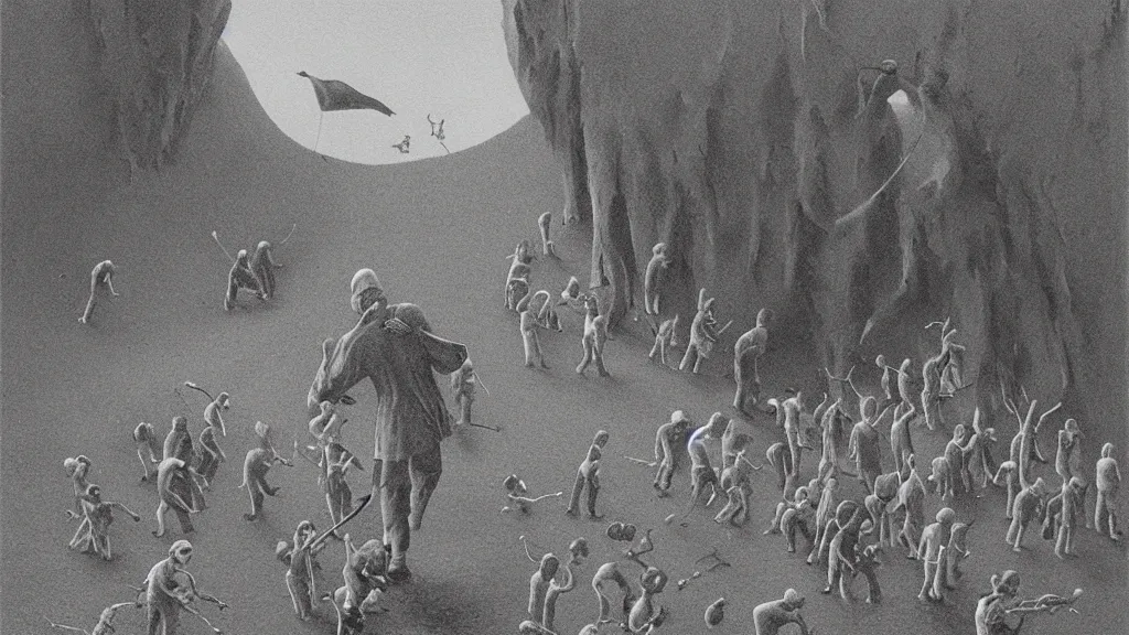 Image similar to A vintage scientific illustration from the 1970s of the Pied Piper luring hundreds of children up a hill while playing his pipe by Zdzisław Beksiński