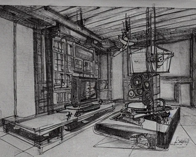 Image similar to steampunk mechanical electrical television set sketch by leonardo da vinci