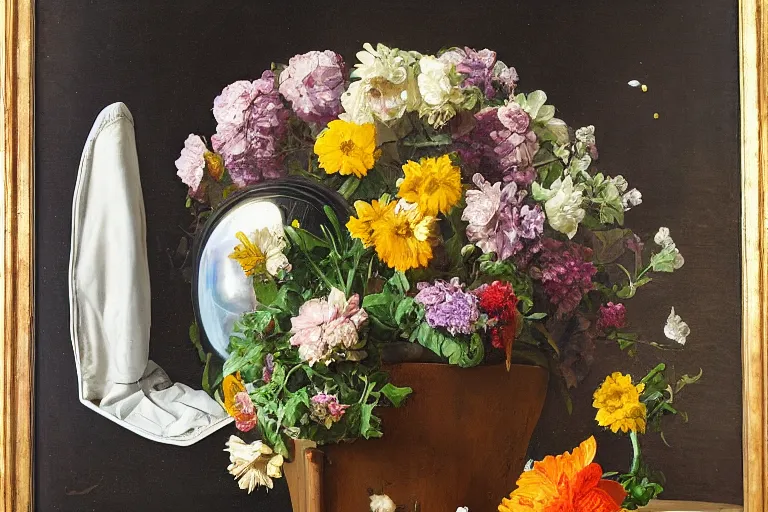 Image similar to still life with astronaut helmet and flowers in the style of the dutch masters