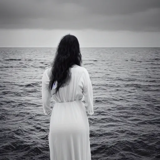 Image similar to A beautiful woman. the most beautiful woman. beautiful woman stock photo. award winning. young beautiful woman. melancholic. in the middle of the ocean. detailed. photorealism. granular photography. tumultuous sea. cloudy. long wavy hair. long wavy white dress. black and white. 24mm lens. shutter speed 4/1. iso 100. f/2.8 W-1024