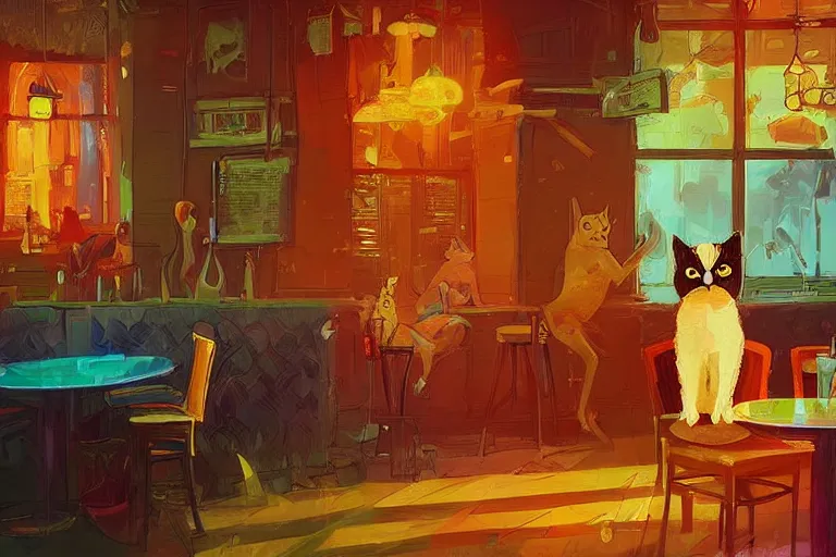 Image similar to a digital art of a cat sits on a chair in a bar in the afternoon, the sun shines in, animal, light effect, highly detailed, warm and delightful, by anton fadeev