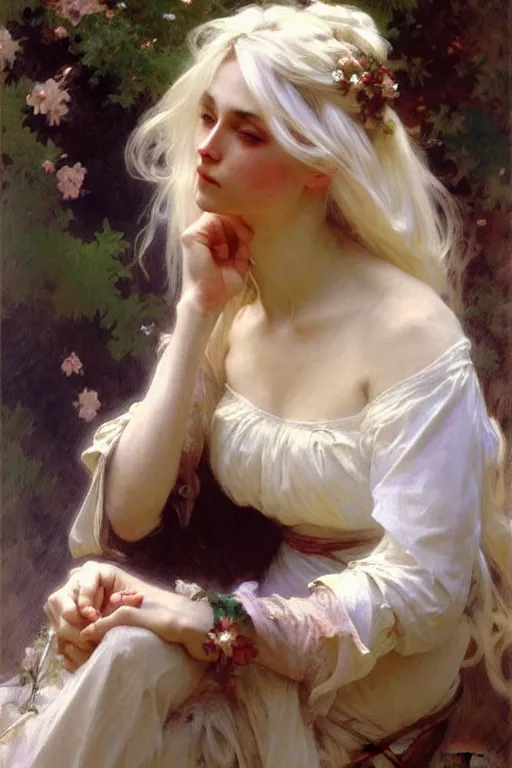 Image similar to women with long white hair, painting by daniel gerhartz, alphonse mucha, bouguereau, detailed art, artstation