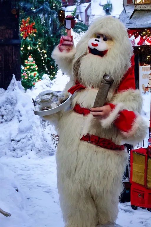 Image similar to a very cute, cream colored and very furry yeti wearing lederhosen singing carols in a German Christmas market, very detailed